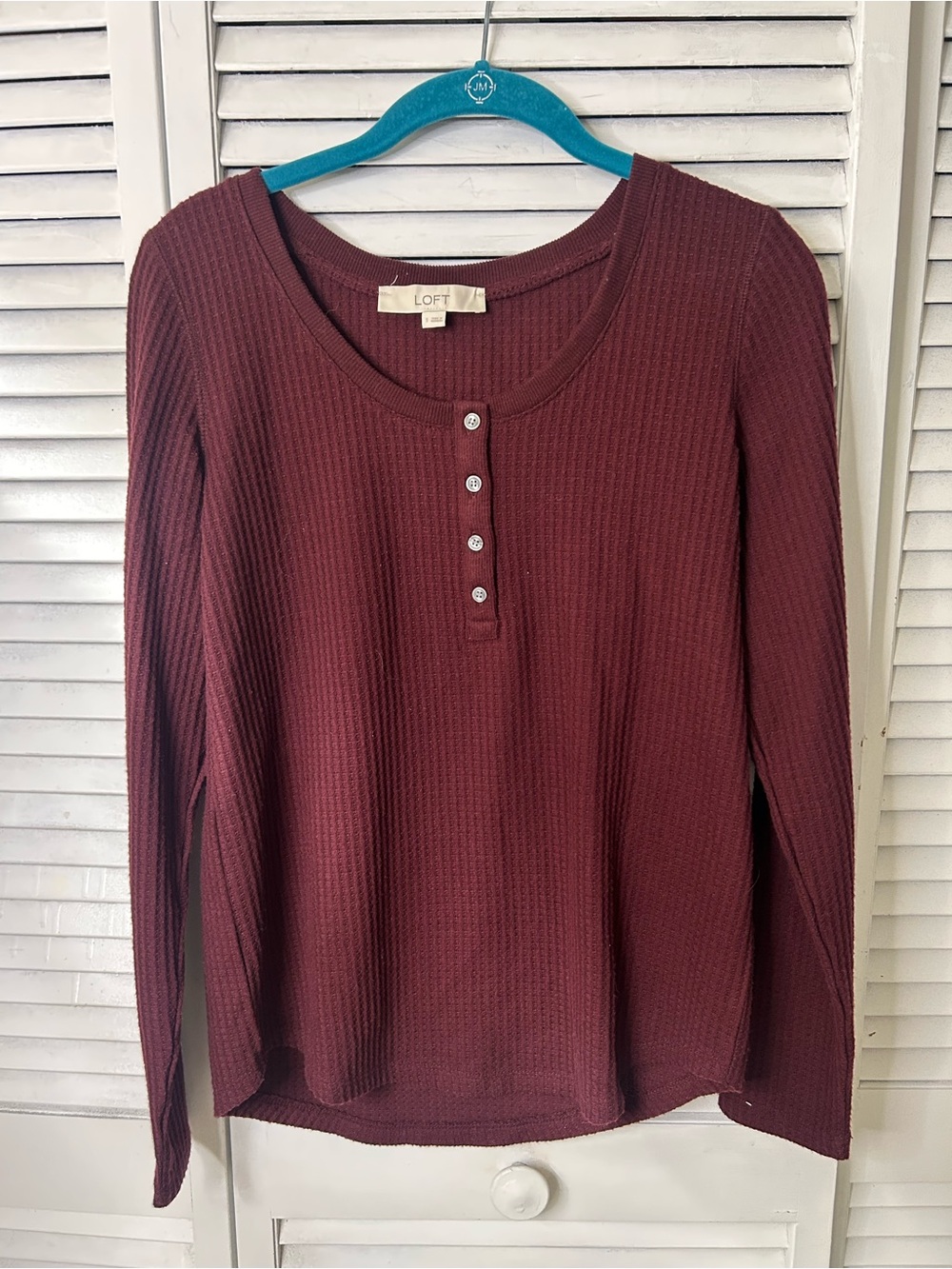 LOFT‎ Women's Long-Sleeve Waffle Henley Top - Burgundy Size Small